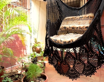 Black Sitting Hammock, Hanging Chair Natural Cotton and Wood plus Presidential Fringe