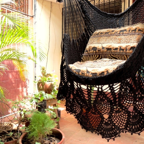 Black Sitting Hammock, Hanging Chair Natural Cotton and Wood plus Presidential Fringe