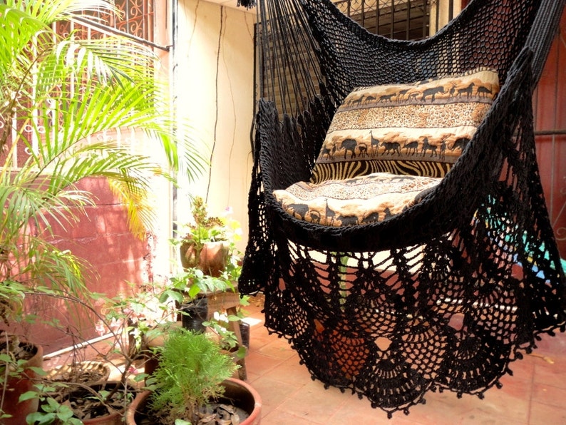 Black Sitting Hammock, Hanging Chair Natural Cotton and Wood plus Presidential Fringe 