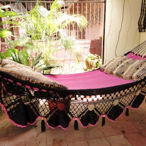 Beautiful Two Colors Fuchsia-Black Double Hammock handmade Natural Cotton Special Fringe image 1