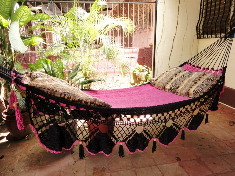 Beautiful Two Colors Fuchsia-Black Double Hammock handmade Natural Cotton Special Fringe image 1