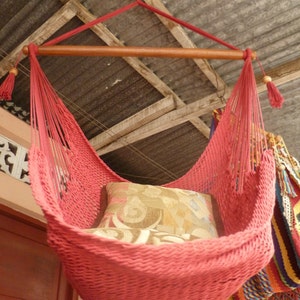 Red Sitting Hammock, Hanging Chair Natural Cotton and Wood image 3