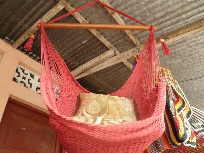 Red Sitting Hammock, Hanging Chair Natural Cotton and Wood image 3