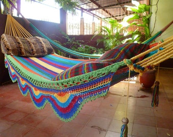 Yellow arms colorful Hammock. Double size Hammock HandWoven with Simple Fringe