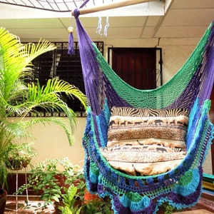 Vibrant Hanging Hammock Chair - Green, Purple, Turquoise & Blue - Natural Cotton with Simple Fringe for Indoor and Outdoor Use