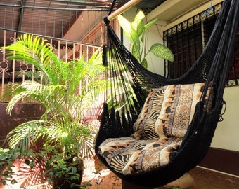 Black Sitting Hammock, Hanging Chair Natural Cotton and Wood