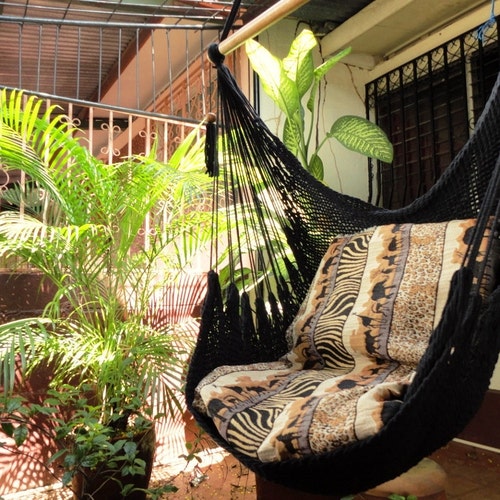 Black Sitting Hammock, Hanging Chair Natural Cotton and Wood