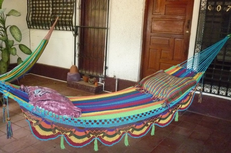 Hammocks, Beautiful center Turquoise Multicolor Double Hammock hand-woven Natural Cotton Special Fringe image 5