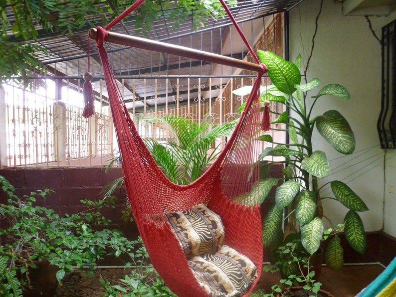 Red Sitting Hammock, Hanging Chair Natural Cotton and Wood image 4