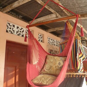 Red Sitting Hammock, Hanging Chair Natural Cotton and Wood image 2