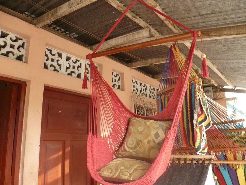 Red Sitting Hammock, Hanging Chair Natural Cotton and Wood image 2