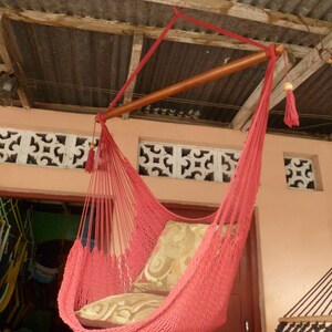Red Sitting Hammock, Hanging Chair Natural Cotton and Wood image 5