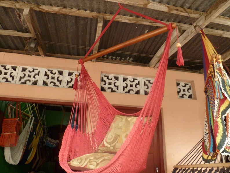 Red Sitting Hammock, Hanging Chair Natural Cotton and Wood image 5