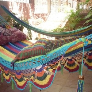 Hammocks, Beautiful center Turquoise Multicolor Double Hammock hand-woven Natural Cotton Special Fringe image 4