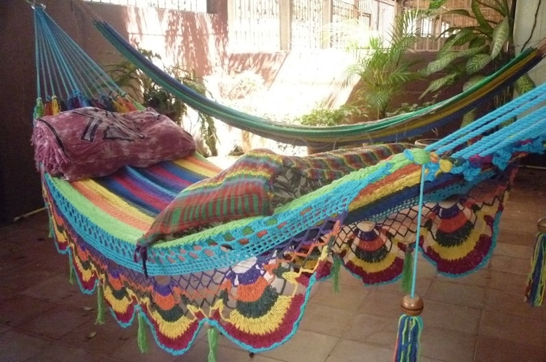 Hammocks, Beautiful center Turquoise Multicolor Double Hammock hand-woven Natural Cotton Special Fringe image 4