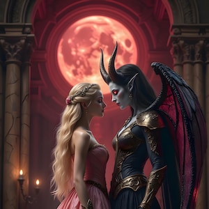 May include: An artistic digital illustration depicts two figures facing each other in a gothic setting. One figure is a blonde woman in a pink dress, the other is a demon with horns, wings, and a dark outfit. A large red moon is in the background.