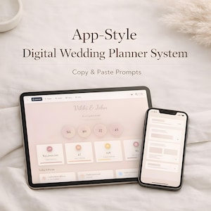 Könnte beinhalten: Ein digitales Hochzeitsplaner-System, das auf einem Tablet und Smartphone angezeigt wird. Das Tablet zeigt eine Hochzeitsplaner-Oberfläche mit den Namen "Vikki & John" und verschiedenen numerischen Datenpunkten. Der Text "App-Style Digital Wedding Planner System" ist sichtbar.