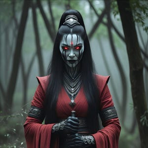 May include: A person with pale skin, black hair, and red eyes, wearing a red robe and holding a sword. The person has black markings on their face and neck, and is set against a blurred forest background.