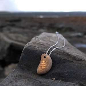 Edad Ogham Necklace, OOAK Irish Stone Pendant, Hand Carved Rowan Symbol, Wild Atlantic Way Beach Stone, Protection Jewelry, Irish Gift