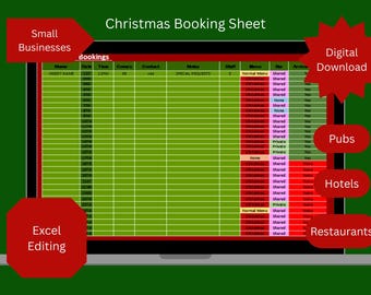 Feuille de calcul des réservations de Noël /réservations/pubs/hôtels/restaurants/Excel/téléchargement numérique/Édition Excel