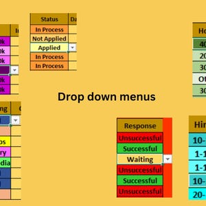 Peut inclure: Capture d'&eacute;cran de menus d&eacute;roulants avec des options pour le salaire, le statut, les heures, la publication d'emploi, la r&eacute;ponse et l'embauche. Les menus sont affich&eacute;s sur un fond jaune avec des &eacute;tiquettes de texte et des choix.