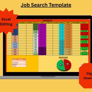Peut inclure: Un ordinateur portable affiche un mod&egrave;le de recherche d'emploi dans un tableur Excel. L'&eacute;cran montre des colonnes pour l'entreprise, le poste, le salaire et le statut. Le texte "Job Search Template", "Excel Editing" et "Digital Download" est visible. Un diagramme circulaire est &eacute;galement pr&eacute;sent.
