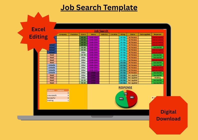 Peut inclure: Un ordinateur portable affiche un mod&egrave;le de recherche d'emploi dans un tableur Excel. L'&eacute;cran montre des colonnes pour l'entreprise, le poste, le salaire et le statut. Le texte "Job Search Template", "Excel Editing" et "Digital Download" est visible. Un diagramme circulaire est &eacute;galement pr&eacute;sent.