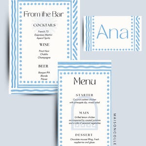 Modèles modifiables d'événements méditerranéens | Menu grec et enseigne de bar | marque-places imprimables | Décoration de mariage ou de fête en toile
