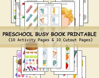 May include: A stack of printable preschool activity pages. The pages feature colorful illustrations of fruits, butterflies, crayons, animals, and shapes. Text on the pages includes "Fruits Puzzle", "Butterfly Puzzle", "Sort the Colors", and "Animal Puzzle". The title "Preschool Busy Book Printable" is also visible.