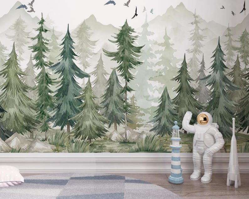 Kids Wallpaper - Mountain and Trees Peel and Stick Wall Mural - Self ...