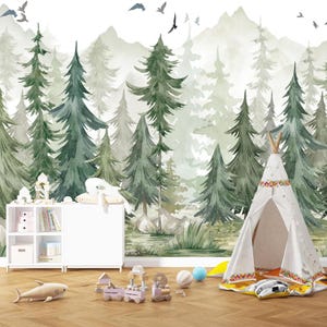 Kids Wallpaper - Mountain and Trees Peel and Stick Wall Mural - Self Adhesive Nursery Wall Art - Child Room Mountain Decor Forest Decal