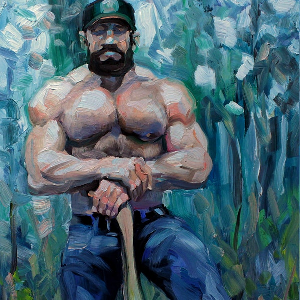 Lumberjack Beware Bear, 16x20 inches, oil on masonite panel by Kenney Mencher (gay art)