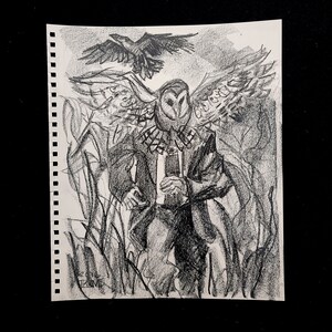 A Man Running from Crows with an Owl, pastello 11x14 pollici su carta per album da disegno di Kenney Mencher (include una graphic novel)