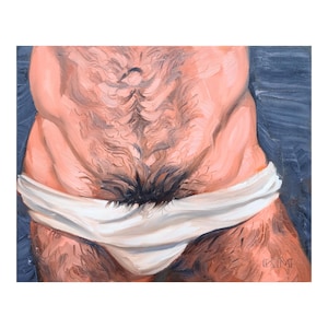May include: An oil painting depicting a torso with a hairy chest and abdomen. The figure is wearing a white cloth around the waist. The artwork uses a warm color palette with shades of pink, brown, and white.
