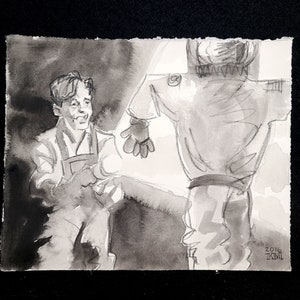 Un ragazzino che trova una tuta spaziale come spaventapasseri, acquerello 16x20" di Kenney Mencher (include una singola copia della graphic novel)