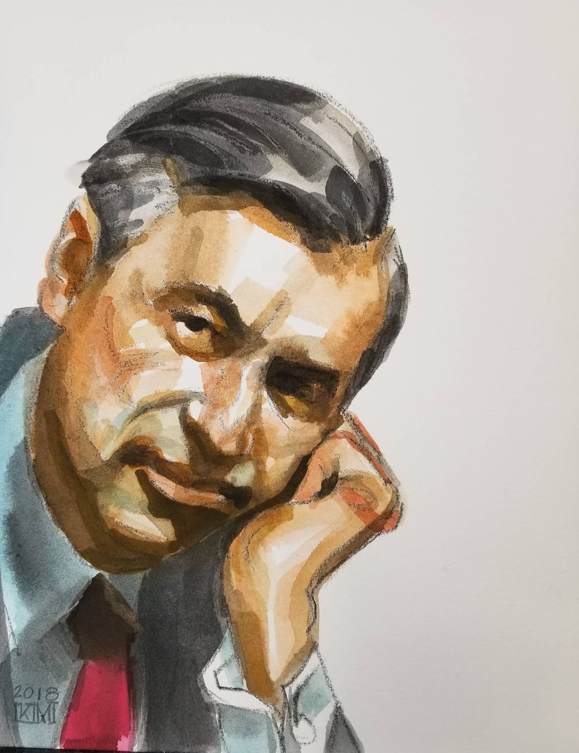Portrait of Mr. Rogers, 11 x14 inches, watercolor and crayon on cotton ...