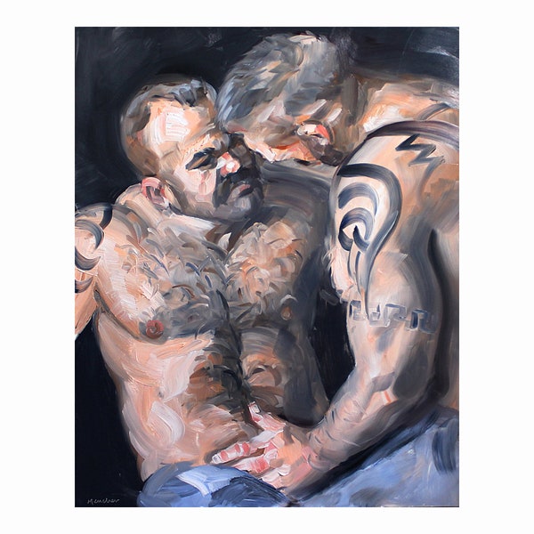 Poster Print, Two Tattooed Shirtless Bears about to Make Love, by Kenney Mencher