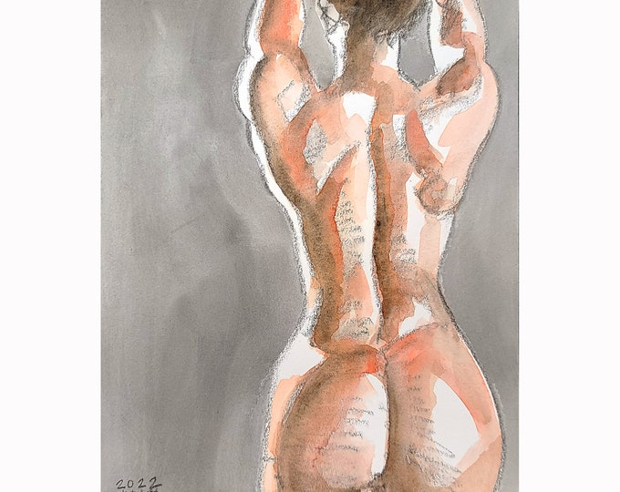 Nude Woman with a Muscular Back, Beautiful Butt, in Strong Rim Lighting, 9x12 inches crayon and watercolor on cotton paper by Kenney Mencher