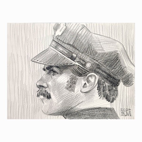 Authority Figure,  9x12 inches, crayon on cotton paper by Kenney Mencher  Portrait drawing of cop in profile with a mustache and side burns