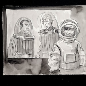 Un ragazzo in tuta spaziale con due alieni in tuta spaziale, pastello 18x14 pollici e acquerello di Kenney Mencher (fornito con una graphic novel)