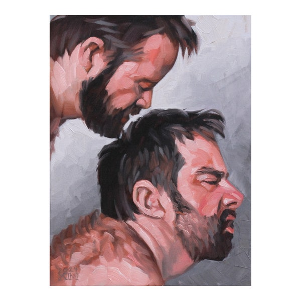 Transition, 12x16x1.5 inches oil on stretched canvas by Kenney Mencher A body positive painting depicting gay love, two bears in love.