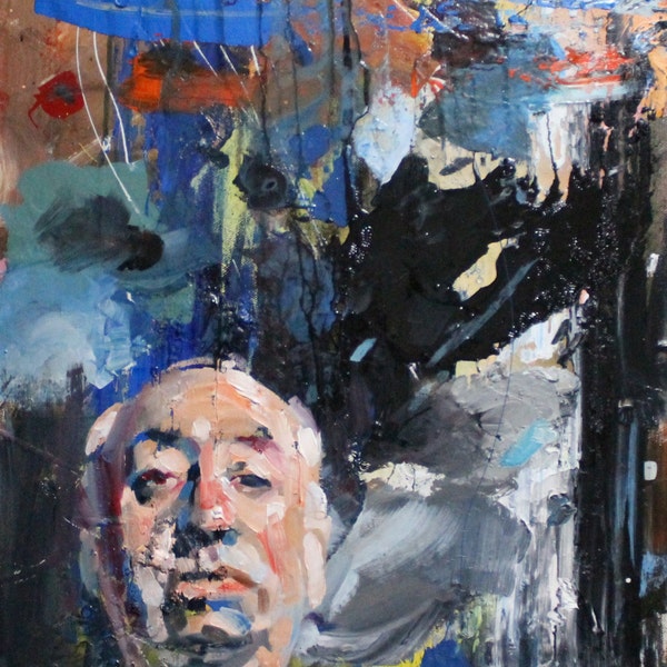 Alfred Hitchcock, 20"x16" oil, spray paint and enamel on canvas by Kenney Mencher