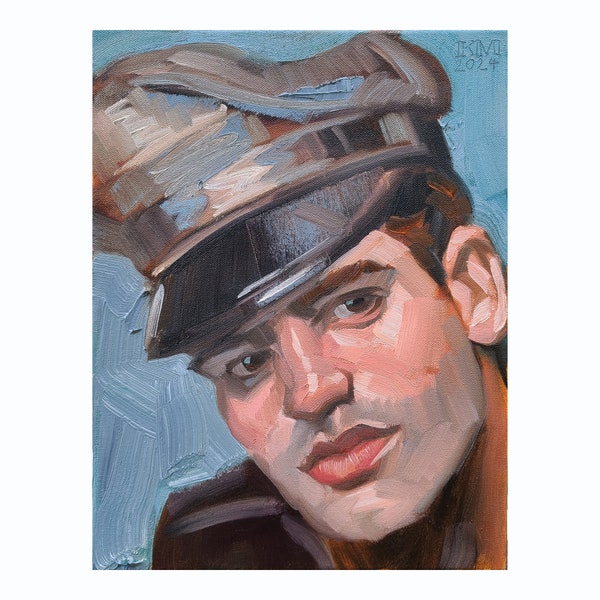 Officer in a Peaked Hat, 12x16x1.5 inches oil on stretched canvas by Kenney Mencher  ( A portrait of capped leather man.)