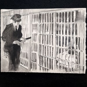 A Cell from a Graphic Novel, A Prisoner and a Guard, pastello e acquerello 9x12 pollici di Kenney Mencher (fornito con una graphic novel)