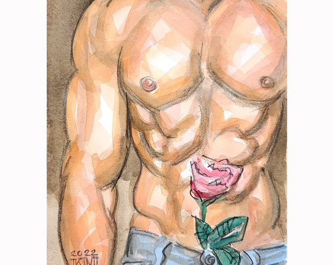 Muscular Young Man in Blue Jeans with a Flower in His Pants, 8x10 inches watercolor on cotton paper by Kenney Mencher   (erotic gay art)