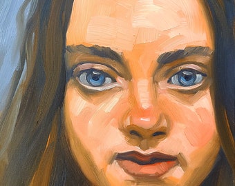 Dreamer, 9x12 inches oil on canvas panel by Kenney Mencher (original oil portrait of a pretty young woman with blue eyes)