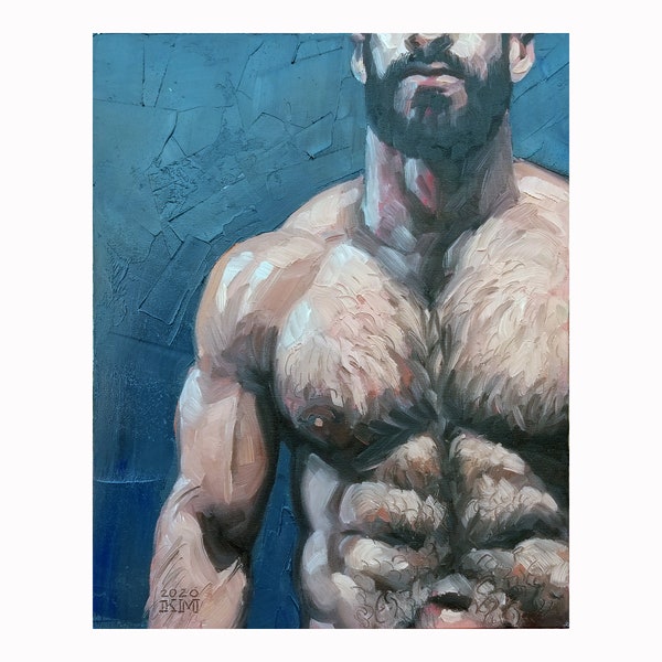 Poster Print, Hairy Hunk, by Kenney Mencher (A portrait of a muscular dark haired bearded otter with a very hairy chest.)