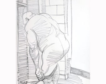 Middle Aged Bear Getting Undressed in a Locker Room, 11x14 inch crayon on cotton paper by Kenney Mencher  (nude middle aged man)