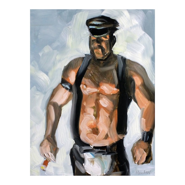 Poster Poster Print, Leather Daddy with a Cigar, by Kenney Mencher (Portrait of a gay bear leatherman in a leather armband vest and cap)