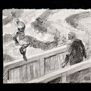 A Cell from a Graphic Novel, An Astronaut Landing on a Bridge with Man in a Suit, acquerello 8x10" (con copia della graphic novel)